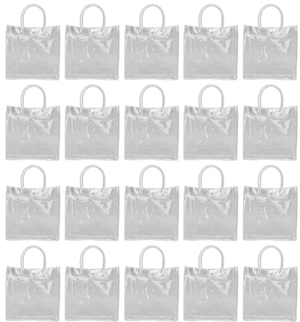 20 Stück Klare Plastik Geschenkbeutel mit Griffen, 20 x 20 x 8 cm Große Kapazität PVC Transparent Kleine Wickel Totentaschen, Wiederverwendbare Klare Plastiktüte