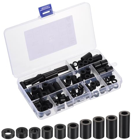 PATIKIL 100 Stück M6 ABS Abstandshalter Sortiment Kit Schwarz | Rund Kunststoff Distanzhülsen Ohne Gewinde Säulen Unterlegscheiben Sortiment Kit, Mit Kunststoffbox