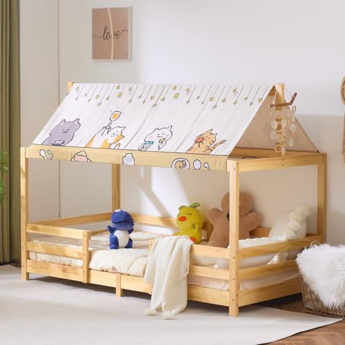 LEADZM Lit cabane Enfant，avec baldaquin en Tissu 90x200cm (Naturel) | sommier à Lattes, barrières de sécurité Bois en pin Forme de Maison Lit au Sol Montessori pour Enfants