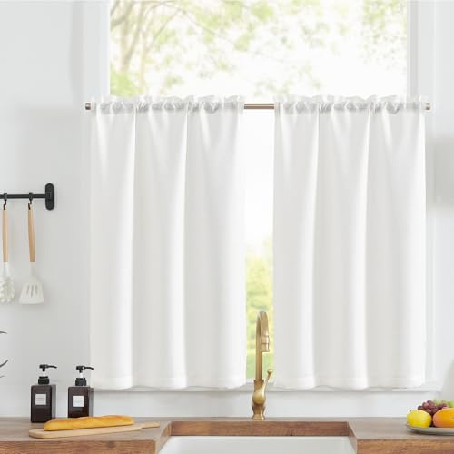TOPICK Scheibengardinen Küche Weiß Bistrogardine mit Tunnelzug Modern Gardinen Kurz Lichtdurchlässig Leinenoptik Küchengardinen für Kleine Fenster Wohnmobil Küchenfenster 2er Set 45H x 90B cm