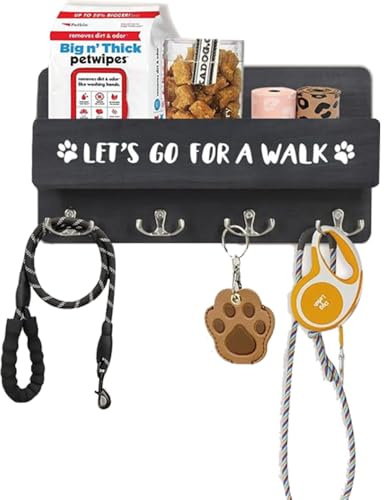 Niciksty Hundegarderobe mit Ablage, Hundeleinenhalter Wand, Schwarz | Wandhalterung für Hundeleinen & Zubehör mit 4 Haken, für Ordnen von Leinen und Zubehör für Flur, Eingangsbereich
