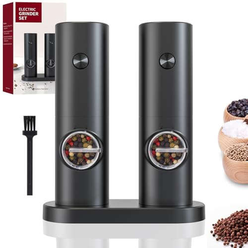 Hotec Set di 2 macinasale e pepe elettrico, funzionamento a batteria con 5 livelli grossi, regolabile, macinazione automatica, luce LED e meccanismo in ceramica, ideale per cucina, barbecue
