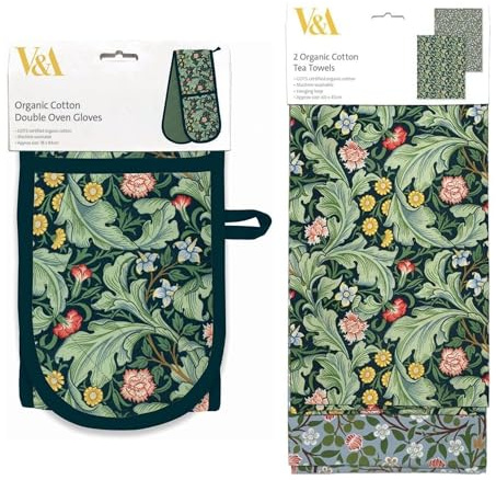 Museums & Galleries Double Oven Glove and Tea Towel Set - Organic Cotton - 'Leicester Wallpaper' - V&A Museum Artistic Botanical Design - Stylish Kitchenware
