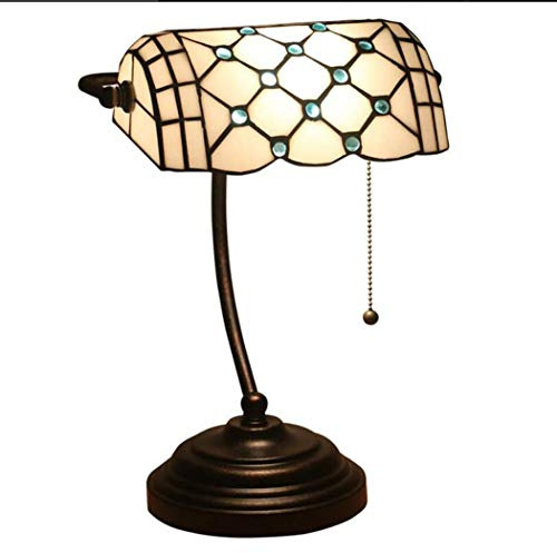 Lampada da Tavolo Vintage da Comodino in Vetro colorato per Camera da Letto Lampada da scrivania da banchiere con Base in Lega di Ferro per Ufficio e Lavoro di Lettura a casa - E27(27×39Cm)