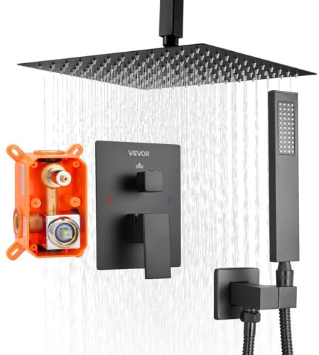 VEVOR Ensemble de Robinetterie de Douche Encastrable, Système de Douche de Pluie avec Pommeau de Tête Carré 30,5 cm, Douchette à Main et Kit de Garniture, Montage au Plafond, Salle de Bain, Noir Mat