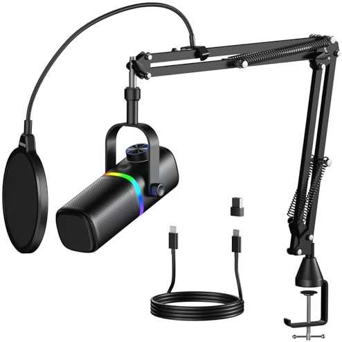 Aokeo Micrófono USB para Juegos AK-10 con Brazo AK-35, micrófono Condensador para PC/MAC/PS4/PS5/micrófono cardioide con iluminación RGB