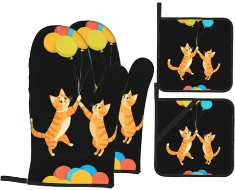 YYHWHJDE Lot de 4 maniques et maniques avec deux chats jouant avec des ballons - Épais et durables - Anti-brûlure et isolant thermique