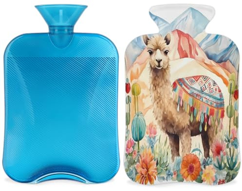 Entemne 2L Wärmflasche Aquarell Kamel Kaktus Alpaka Wärmbeutel mit Bezug Wiederverwendbare Therapie-Tasche zur Schmerzlinderung Menstruationskrämpfe, Muskelkater Winter Wärme Geschenk