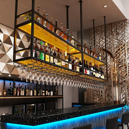 120CM Botellero colgante techo Luz LED, 2 Niveles botellero de techo de acrílico con portavasos y estantes transparentes portavasos botelleros para loft, para Cocina, Bar, Cafetería y decoración