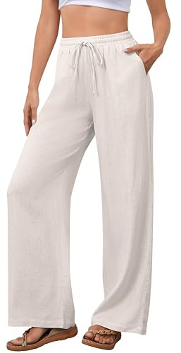NONSAR Pantaloni da Donna in Cotone per Il Tempo Libero con Coulisse in Lino Elasticizzati Casual vestibilità Larga con Tasche Leggeri Tinta Unita(Beige.,L)