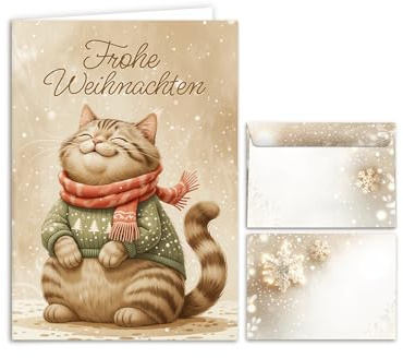 15 Weihnachtskarten mit Umschlägen – Klappkarten DIN A6 „Frohe Weihnachten“ hochwertige Weihnachtsgrußkarten Motiv Katze – Christmas Cards – Karten Set