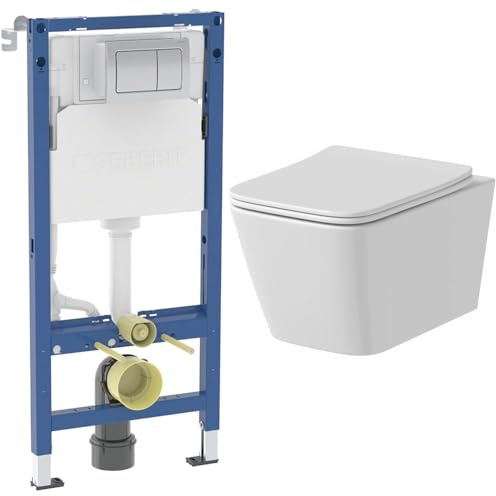 Affine® Eleve Rimless Wall Hung Toilet Pan WC Dual Flush Soft Close Seat with Geberit Duofix 1120mm Concealed WC Cistern Frame and Chrome Alpha01 Square Flush Plate