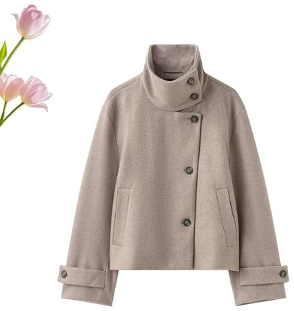Kirposh Women’s Short Coat with High Funnel Neck, Asymmetrical Button Closure, Warm Winter Cropped Double-breasted Jacket(L)