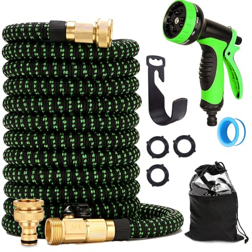 Tubo Estensibile da Giardino 30 M/100 FT, NAVESO Tubo Acqua Giardino con 10 Funzioni, Canna Acqua Giardinos con Raccordi in Ottone da 1/2 Inci e 3/4 Inci per Giardinaggio, Lavaggio e Irrigazione
