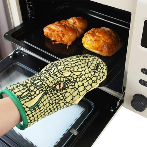 1 Paar Backhandschuhe bis zu 250 °C Hitzebeständige Ofenhandschuhe Baumwolle Grillenhandschuhe BBQ Topfhandschuhe Topflappen Küchenhandschuhe Kochhandschuhe Krokodil Motiv Küche Kochen Backen Grillen