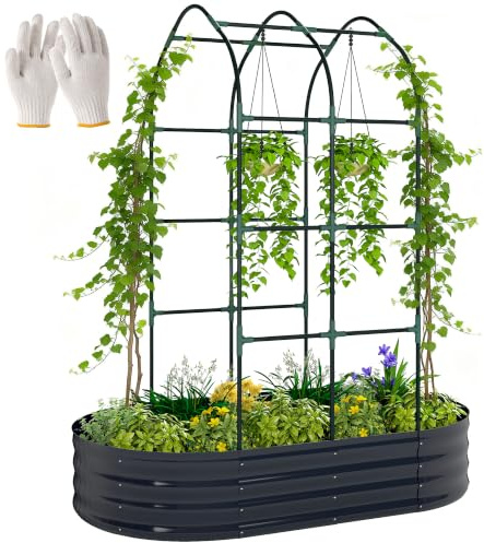Outsunny Galvanised Raised Garden Bed w/Arched Trellis 5x3x6ft, Dark Grey | Metal Raised Bed for Garden, Open Bottom Design, Modular Outdoor Planter Box, Gloves, for Vegetables Flowers