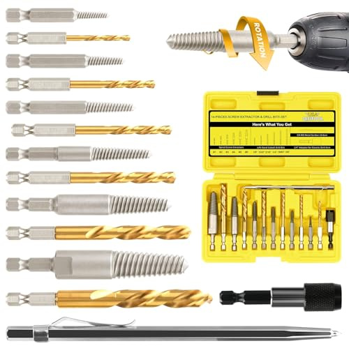 14-Pieces Screw Extractor and Left-Hand Drill Bit Set, Easy Out Broken Bolt Remover Reverse Cobalt HSS Steel Drill Kit, Ez Out Stripped, Rounded-Off, Damaged Bolts, Screws&Studs Removal Tool(Yellow)