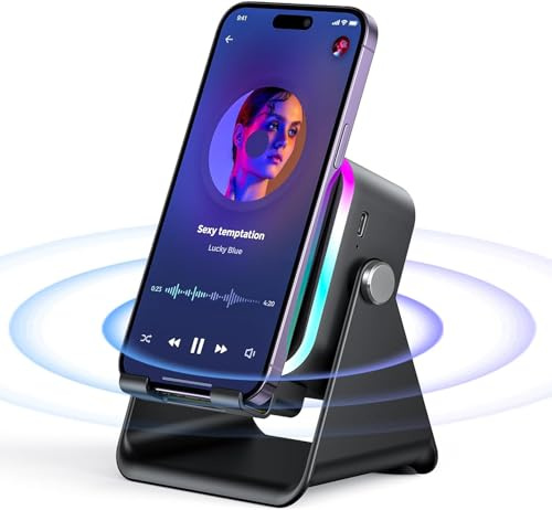 GALAKSIOZ Altoparlante Bluetooth a induzione wireless 5 in 1 con supporto rotondo regolabile per telefono, altoparlante Bluetooth stereo multifunzionale, luce ambientale 8 RGB e lunga durata della