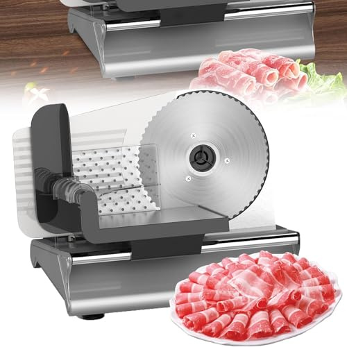 500W Electric Meat Slicer, Adjustable Thickness 1-15mm Food Slicer with 19cm Serrated Blade, Stainless Steel Deli Cutter for Meat Bread Cheese, Home Kitchen Use