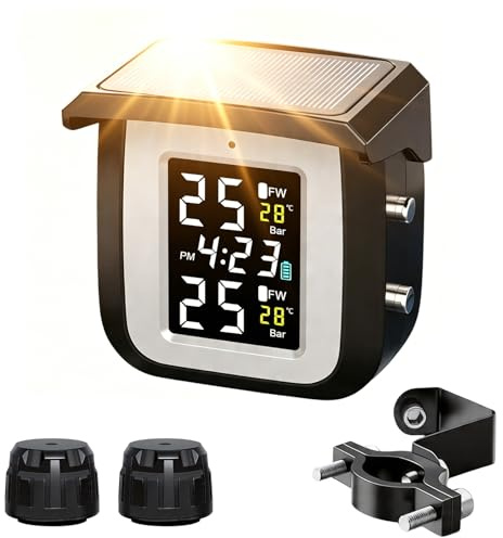 OBEST Motorrad Reifendruckregelsystem, Wireless TPMS, Solar und USB-Ladegerät, IP65 wasserdicht, automatisches Schlaf- und Aufwachen, 2 Externe Reifendrucksensoren