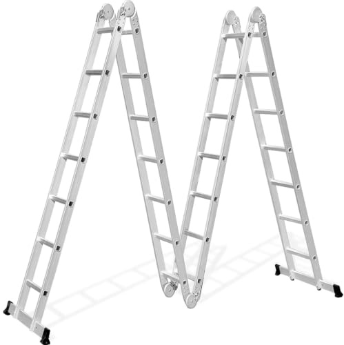 Aluminium Folding Ladder 7 Rungs x 4 Multi-Purpose Ladder 12 in 1 Sliding Ladder, Rung Ladder, Step Ladder, EN131 Certified,
