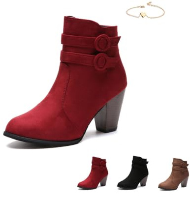 POIOZXD Elegantes botines ortopédicos, tacón de bloque antideslizante, cremallera lateral, Red, 38 EU