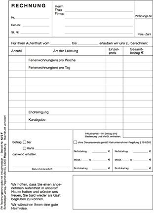 Rechnungsblock DIN A5 speziell für Ferienwohnungs-Vermietungen, Appartement-Vermietungen, usw.