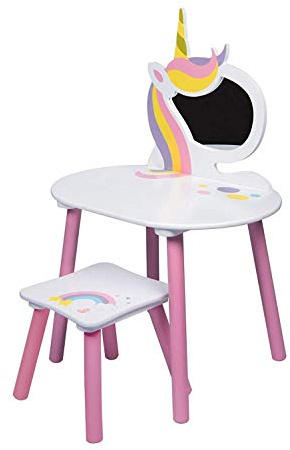 Coiffeuse en bois avec miroir et tabouret pour enfant Motif licorne Rose/blanc