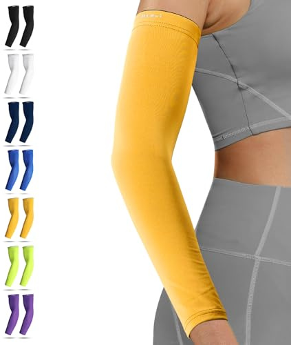 HiRui Arm Compression Sleeves for Men Women Youth Kids, UV Protection 20-30mmHG Support, Great for Running Cycling Basketball Golf Tattoo Cover, Breathable Moisture-Wicking (Yellow, Large)