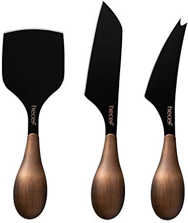 hecef 3-Piece Cheese Knife Set, Bronze Grain Multipurpose Cheese Knives for Hard, Soft & Semi-Soft Cheese, Includes Pronged, Chisel & Hard Cheese Knife, Black Coating Blade