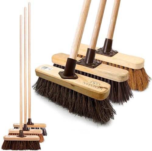 Newman and Cole 10 Garden Broom Set Includes Stiff & Soft Bristle Brush Head and Handles - Pack of 3 Garden Patio Wooden Outdoor Broom/Sweeping Brush