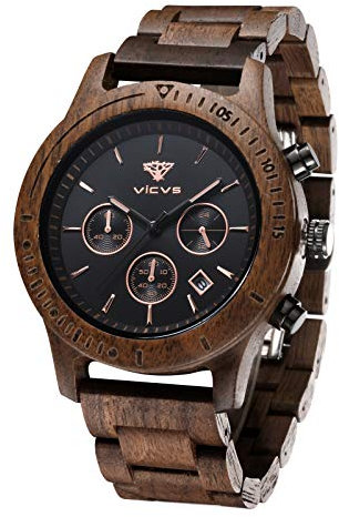 VICVS Herren Natur Hölzerne Uhr Multifunktionale Quartz Analog Armbanduhr mit Kalender Anzeige Chronograph-Funktion Hölzerne Armband für Männer (Walnut)