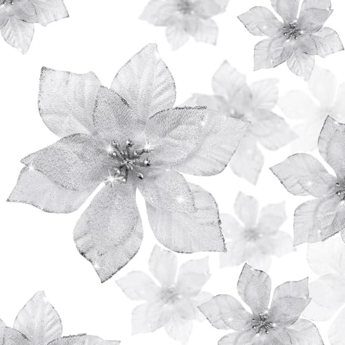 WILLBOND 36 Stück Weihnachten Glitzer Weihnachtsstern Blumen Künstliche Blumen Hochzeit Glitzer Weihnachtsbaum Neujahr Ornamente (Silber, 3 Zoll, 4 Zoll, 6 Zoll)