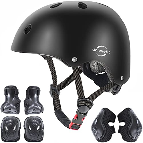 casco regolabile per bambini e set di protezioni ginocchiere gomitiere polsiere (Nero, M(8-13 Years Old))