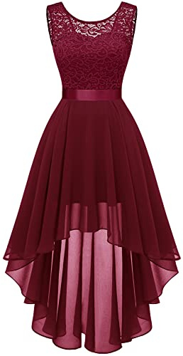 BeryLove spetsklänning dam, elegant vokuhila cocktailklänning, ärmlös aftonklänning, chiffong, bröllopsklänning, brudtärneklänning, Mörkröd, 3XL
