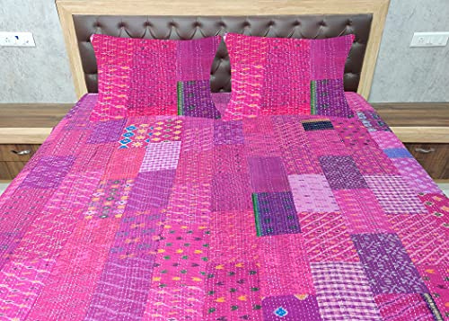 Tagesdecke aus indischer Seide, Sari, Kantha, Bettüberwurf, ethnischer Stil, gesteppt, Patchwork, indischer Stil, Vintage-Stil, Patola, Rosa, 274,3 x 274,3 cm mit Kissenbezügen