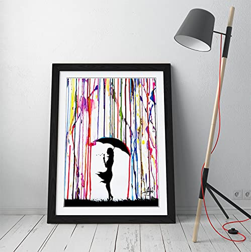 CanvasArtShop BANKSY UMBRELLA GIRL - PREMIUM WALL ART FRAMED PICTURE PRINTS - 3 COLOURS - 4 SIZES (A2, BLACK)
