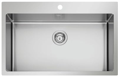 EVHOC Lavello Cucina Sopratop, Acciaio Inox, 1 Vasca 75x51 cm, DEUS M | Lavandino Con Finitura Satinata Scotch-Brite, Fascia Forata per Miscelatore, Piletta e accessori inclusi