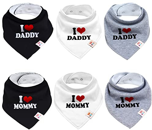 M.M.C. Baby I Love Mommy och Daddy triangeldukar 6 stycken bomullshalsduk dregelhaklapp för småbarn pojkar och flickor, Set unisex, En Storlek