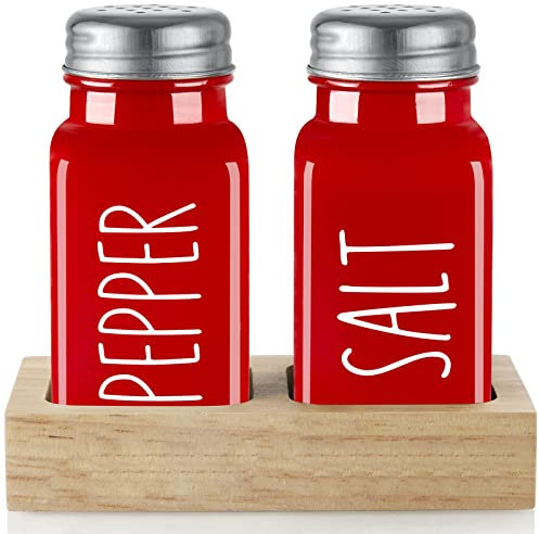 Juego de salero y pimentero rojo con soporte, salero de vidrio Dopeca con bandeja de madera para encimera de cocina, decoración y accesorios de cocina rojos, para regalo de inauguración de la casa de