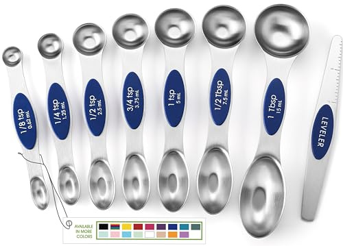 Spring Chef 8 Magnetic Measuring Spoons Set for Baking & Cooking, Sapphire | Stainless Steel Teaspoon & Tablespoon Measuring Spoons with Leveler for Dry & Liquid Ingredients, Dual Sided, Dishwasher Safe