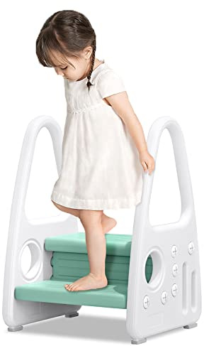 Froadp Marche Pied pour Enfant 45x39.5x61cm Tabouret pour Bébé en Plastique 2 Niveaux Tour d'apprentissage Structure Pyramide Marchepied pour Chambres Crèches Cuisines Salles de Bains (Vert)
