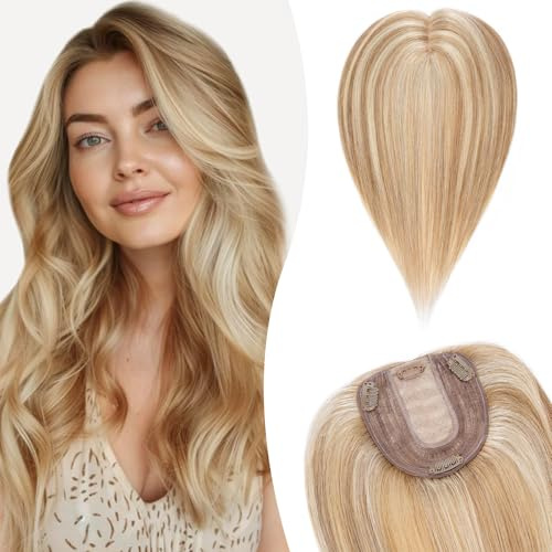 Silk-co Hair Topper Echthaar, 10x12cm Basis Toupet Damen, Haartopper Echthaar mit Remy Seide Basis, Haar Topper Clip in Haarteil Extensions, 25cm12P613# Goldbraun & Bleichblond