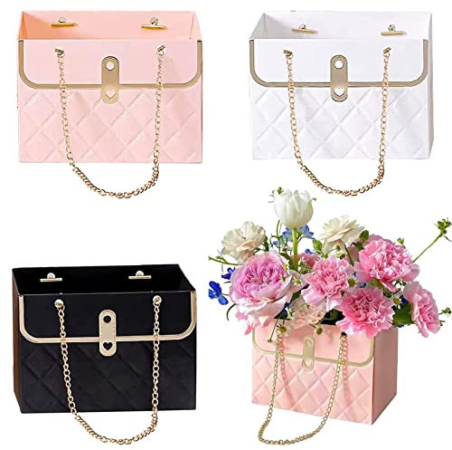 4PCS CTDMJ Flower Paper Box Gift Bags With Metal Chain - Floral Arrangements Bouquet Storage Bucket for Wedding Party Gift Wrap (3 Colors)