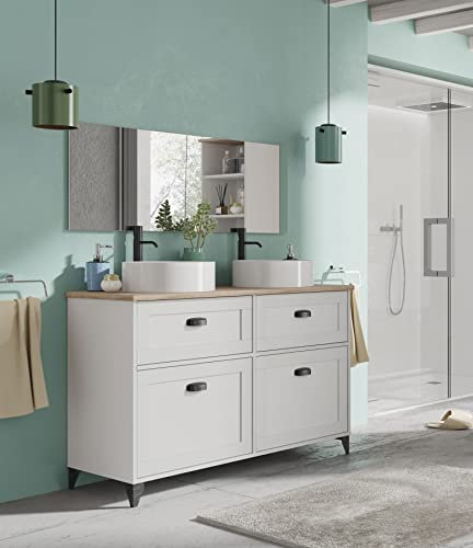 MUEBLES PITARCH | Mueble de Baño Doble con Lavabos cerámicos incluidos, 120cm Ancho, con Patas, Cajones guías Cierre Suave,para Lavabos de sobreponer, Blanco y Roble Cambrian, Vintage Modelo Toscana