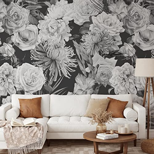 Coloritto Black and White Roses Wallpaper | Removable Self Adhesive Watercolor Wallpaper | Floral Peel and Stick Wallpaper (Sample 12 W x 8 H)