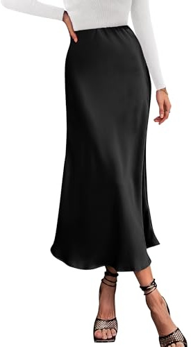 BTFBM 2026 Summer Womens Skirts Silk Elegant High Waist Flowy Long Satin A-Line Midi Skirt Cocktail Wedding Party(Black, Medium)