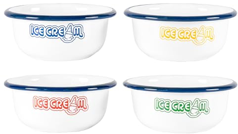 Red Co. Set of 4 White Enamelware Metal 7 oz Ice Cream Bowls, Assorted Color Prints/Navy Blue Rim