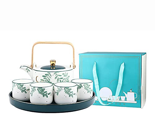 Service à thé japonais utilitaire en porcelaine avec 1 théière, 4 tasses à thé, 1 plateau à thé, service à thé asiatique pour amateurs de thé/femmes/hommes, théières blanches (couleur : vert) (blanc)