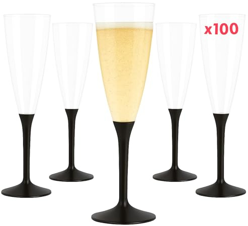 Table'Colors Lot de 100 Flutes Champagne Lavable et Réutilisable 14cl - Verre 100% Recyclable, Grande Stabilité, Rigidité Design Élégant - Parfait pour Anniversaire, Mariage (Noir)